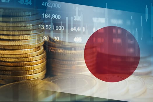 Japan flag with stock market finance, economy trend graph digital technology.