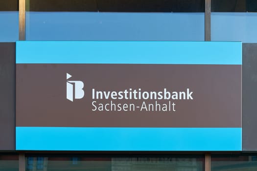 Advertising in a shop window for the Investitionsbank Sachsen-Anhalt, an important contact point for the allocation of subsidies in Germany