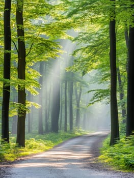 Sunlight filters through lush green foliage, illuminating a winding dirt road in a misty forest, creating an enchanting atmosphere of serenity and natural beauty.