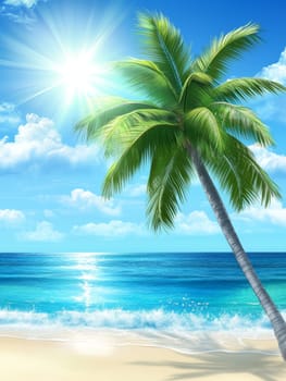 Idyllic beach scene with a lone palm tree leaning over crystal clear turquoise waters, white sand, and bright sun, embodying the perfect tropical getaway.