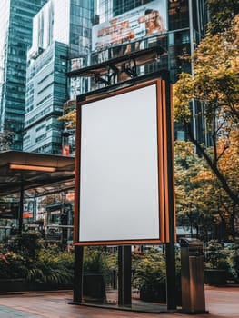 Empty illuminated billboard in a bustling city street, surrounded by modern skyscrapers and autumn trees, offering prime advertising space.