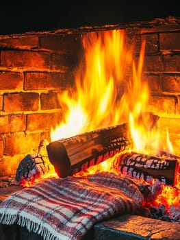 Warm and inviting fireplace with burning logs and flames, featuring a plaid blanket in the foreground, creating a cozy and comfortable atmosphere.