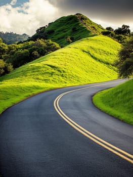 A curving asphalt road winds through lush green hills under a dramatic sky, showcasing the beauty of a rural landscape and inviting adventure.