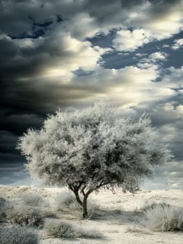 Lone tree with silvery foliage stands out against a dramatic stormy sky in a barren desert landscape, creating an ethereal and moody atmosphere.