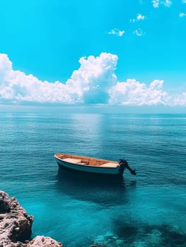 Serene turquoise sea with a solitary wooden boat, set against a backdrop of fluffy white clouds and clear blue sky, epitomizing tropical paradise and tranquility.