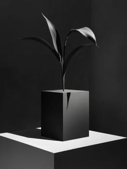 Elegant black and white image of a plant with curved leaves on a cubic pedestal, showcasing simplicity and contrast in artistic still life photography.