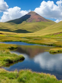 Lush green valley with a winding stream leading to a majestic colorful mountain, set against a backdrop of fluffy white clouds and blue sky.