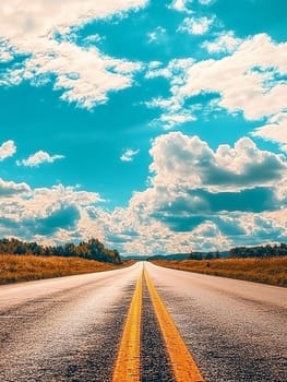 Endless straight highway stretching towards the horizon under a vibrant blue sky with fluffy white clouds, symbolizing journey and freedom.