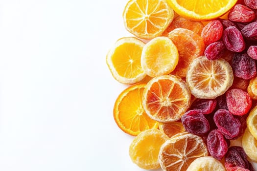 A colorful assortment of dried fruits, including lemon, orange, and berry slices, is artfully arranged on a clean white surface, highlighting the textures and vibrant colors of each piece.