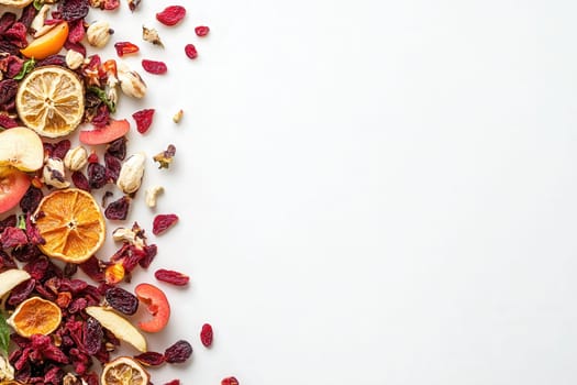 A colorful assortment of dried fruits, including citrus slices, berries, and apple pieces, is artfully arranged on a solid white surface, showcasing its vibrant textures and colors.