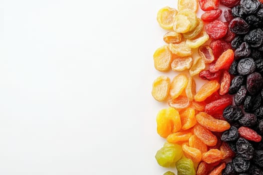 An appealing arrangement of various dried fruits showcases vibrant colors and textures, emphasizing the freshness and natural appeal of each piece on a clean white surface.