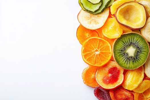 A vibrant assortment of dried fruits lies on a pristine white surface, showcasing various shapes and colors. This healthy snack option offers flavors and nutrients in a convenient package.