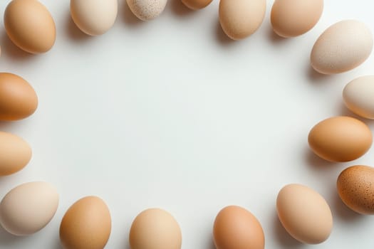 Fresh eggs of different shades are artistically arranged in a circular formation on a light-colored surface, showcasing their unique textures and colors.