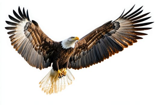 An eagle glides effortlessly with its wings fully spread, showcasing its powerful stature and striking features. The eagles keen eyes and strong talons define its presence as it dominates the scene.