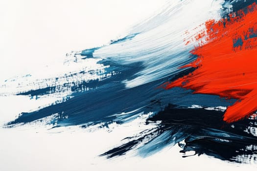 Bold splashes of blue, black, and red paint intertwine, forming dynamic lines on a smooth, clean white surface. The vibrant colors create an energetic visual contrast.