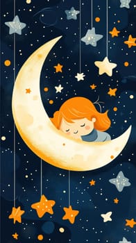 The image of the cute girl sleeping on the moon with stars suspended by thin threads . AI generative.