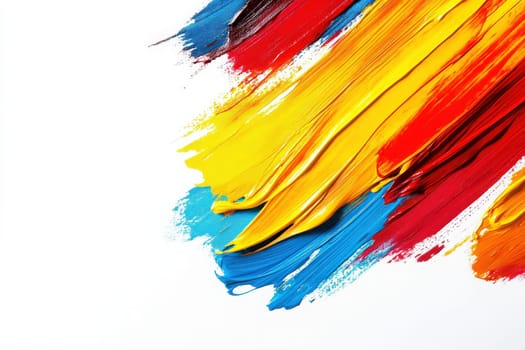 Bright strokes of blue, yellow, red, and orange paint dance across a pristine white background, showcasing the energetic blend of colors typical of a creative artistic endeavor.