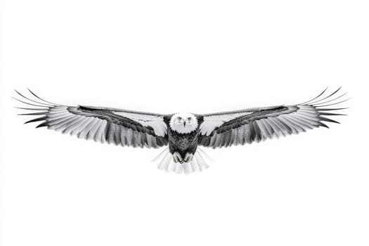 The eagle is captured in full flight, showcasing its expansive wingspan. The bird is focused and ready to soar, exuding grace and power in its isolated setting.