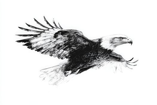 This powerful eagle displays its impressive wingspan while soaring effortlessly. The detailed feathers and strong presence highlight its majesty in mid-flight, embodying freedom and strength.