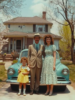 Vintage photo of an American family from the 1940s, 1950s