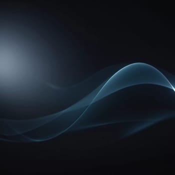 Smooth black backdrop accentuated by soft blue anamorphic bokeh effects. Gentle light waves flow across the surface, creating an ethereal atmosphere. Generative AI.