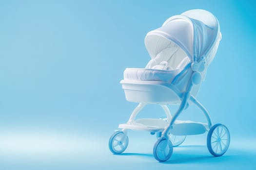 A stylish ergonomic baby trolley is featured in a clean, solid blue setting, showcasing its modern design and functionality, ideal for parents seeking comfort and safety for their infants.