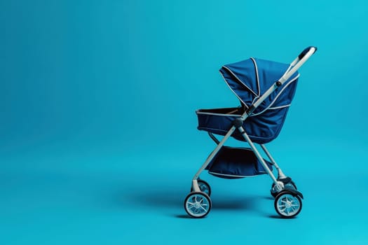 The ergonomic baby trolley is positioned against a bright blue solid backdrop, showcasing its sleek design and functionality, perfect for parents seeking comfort and style for their little ones.