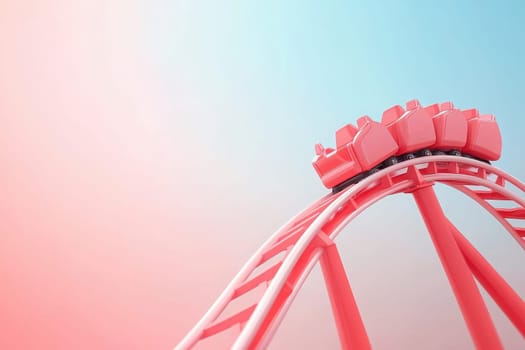 A colorful rollercoaster climbs high against a soft pink and blue sky, offering an exhilarating ride for thrill-seekers. Riders are brimming with excitement as they ascend the track.