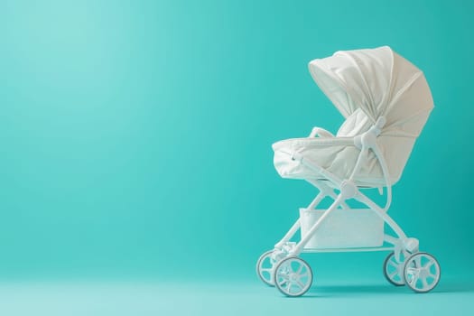 An ergonomic baby trolley stands out against a turquoise background, showcasing its sleek design and practicality, ideal for parents seeking comfort and functionality for their little ones.
