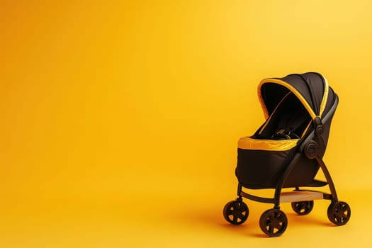 A stylish ergonomic baby trolley is prominently displayed against a vibrant yellow backdrop, highlighting its sleek design and functionality for modern parents on the go.