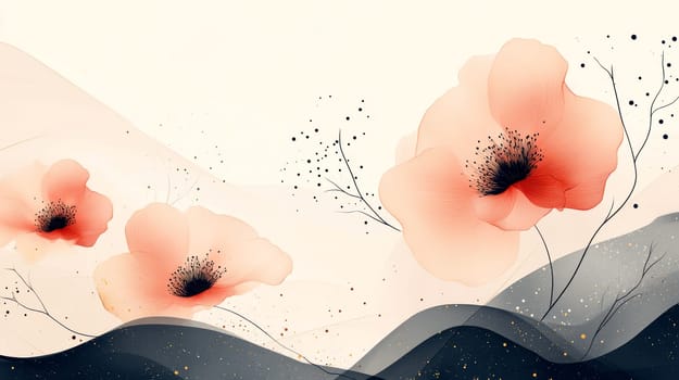 large flowers and small branches printed on top, inspired by abstract expressionist art. AI generative.