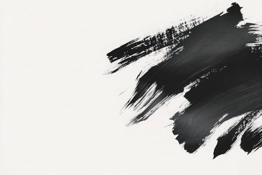 Bold black brushstrokes contrast sharply against a pristine white background, generating a striking visual impact. The artistic application conveys motion and emotion within a minimalist setting.