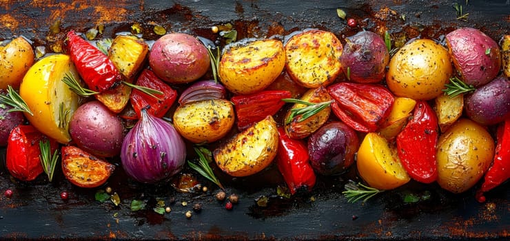 a rustic baking sheet filled with freshly roasted vegetables, including colorful peppers, onions, potatoes, zucchini and whole garlic cloves. Ai generative.