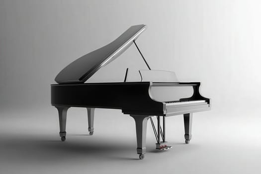 A sophisticated grand piano rests elegantly on a pristine solid surface. Its polished finish reflects light, highlighting the graceful curves and precise craftsmanship, inviting music creation.