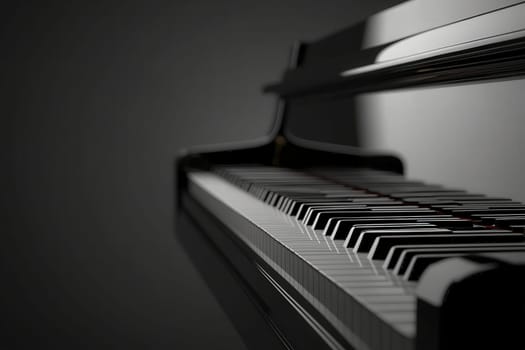 The sleek and elegant design of a piano highlights the polished black finish and pristine keys, elegantly set against a simple, solid backdrop that enhances its beauty.