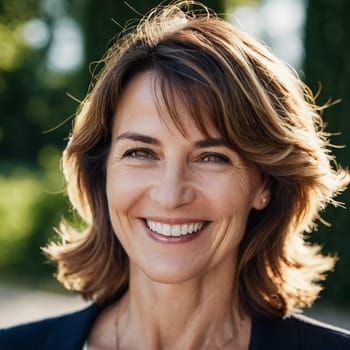 A cheerful woman 50 years old stands in a quaint French street, her smile bright against the warm backdrop of a sunny afternoon. The scenery embodies a serene and joyful atmosphere. Generative AI.