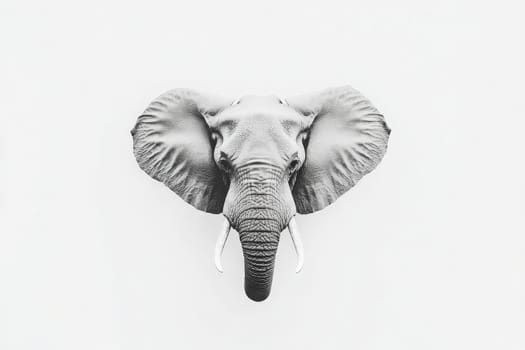 An elephant stands alone, its large ears and tusks prominently displayed against a plain background, highlighting its impressive stature and calm presence in an isolated setting.