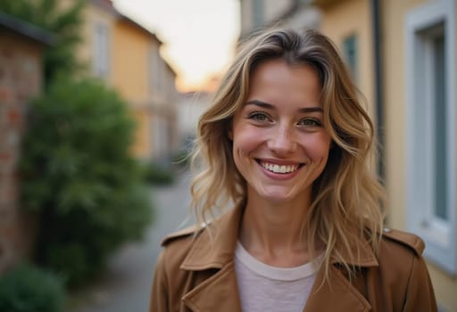 A cheerful woman stands in a quaint French street, her smile bright against the warm backdrop of a sunny afternoon. The scenery embodies a serene and joyful atmosphere. Generative AI.
