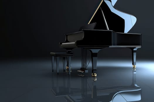 An elegant grand piano sits on a polished surface, reflecting its smooth curves and shiny black finish. The clean background emphasizes the pianos design, creating a sophisticated ambiance.