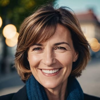 A cheerful woman 50 years old stands in a quaint French street, her smile bright against the warm backdrop of a sunny afternoon. The scenery embodies a serene and joyful atmosphere. Generative AI.