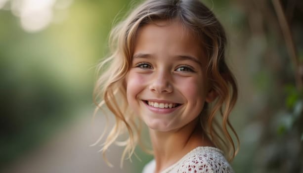 A young Caucasian girl with curly blond hair smiles brightly while enjoying a sunny summer day outdoors. The greenery around her highlights her cheerful spirit and innocence. Generative AI.