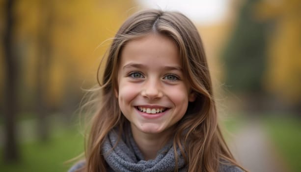 In a picturesque park in France, a cheerful young girl stands amidst golden autumn trees, radiating joy and warmth. Her bright smile reflects the beauty of the day. Generative AI.