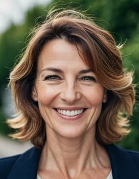 A cheerful woman 50 years old stands in a quaint French street, her smile bright against the warm backdrop of a sunny afternoon. The scenery embodies a serene and joyful atmosphere. Generative AI.