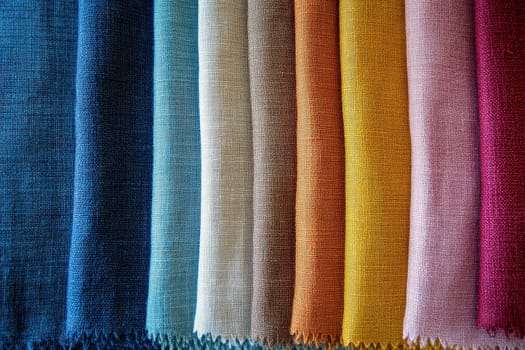 A collection of solid fabric swatches displays a clean and minimalist aesthetic. The swatches, in a spectrum of soft colors, are arranged neatly to highlight their texture and design.