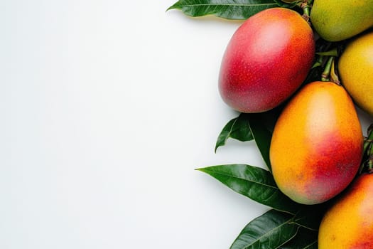 A collection of exotic mangoes in shades of red, orange, and yellow lays elegantly on a pristine white surface. The fresh leaves enhance the vibrant colors and natural appeal of the fruit.