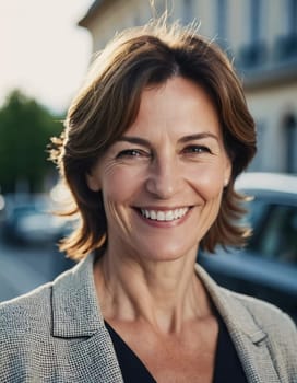 A cheerful woman 50 years old stands in a quaint French street, her smile bright against the warm backdrop of a sunny afternoon. The scenery embodies a serene and joyful atmosphere. Generative AI.