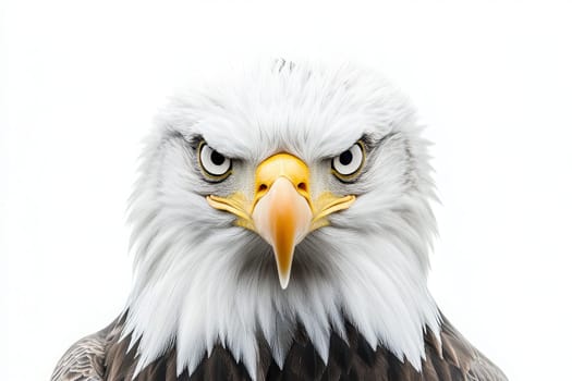 This majestic eagle commands attention with its fierce gaze, sharp beak, and detailed feathers, set against a clean white backdrop, symbolizing strength and freedom.