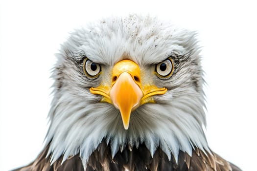 A majestic eagle stares directly at the viewer, showcasing its piercing eyes and detailed feathers. The isolated backdrop emphasizes the birds regal presence and sharp features.