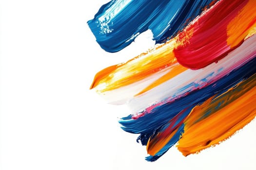 Vivid lines of paint in blue, red, orange, and white sweep across a clean, solid white surface, showcasing dynamic textures and bold colors.