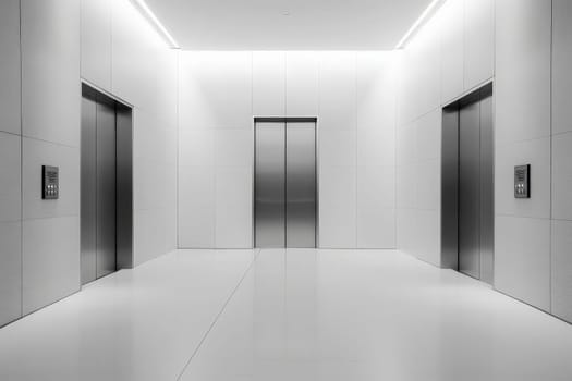 The image features elevator doors in a sleek, minimalist design located in a modern building lobby, illuminated by soft overhead lighting creating a serene atmosphere.